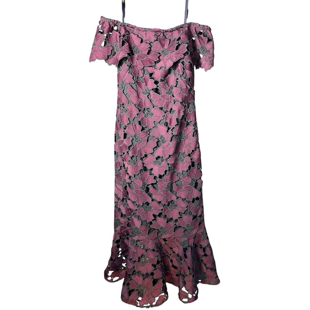 Shoshana Raven Floral Lace Long Evening Gown Black/Auberge 2p